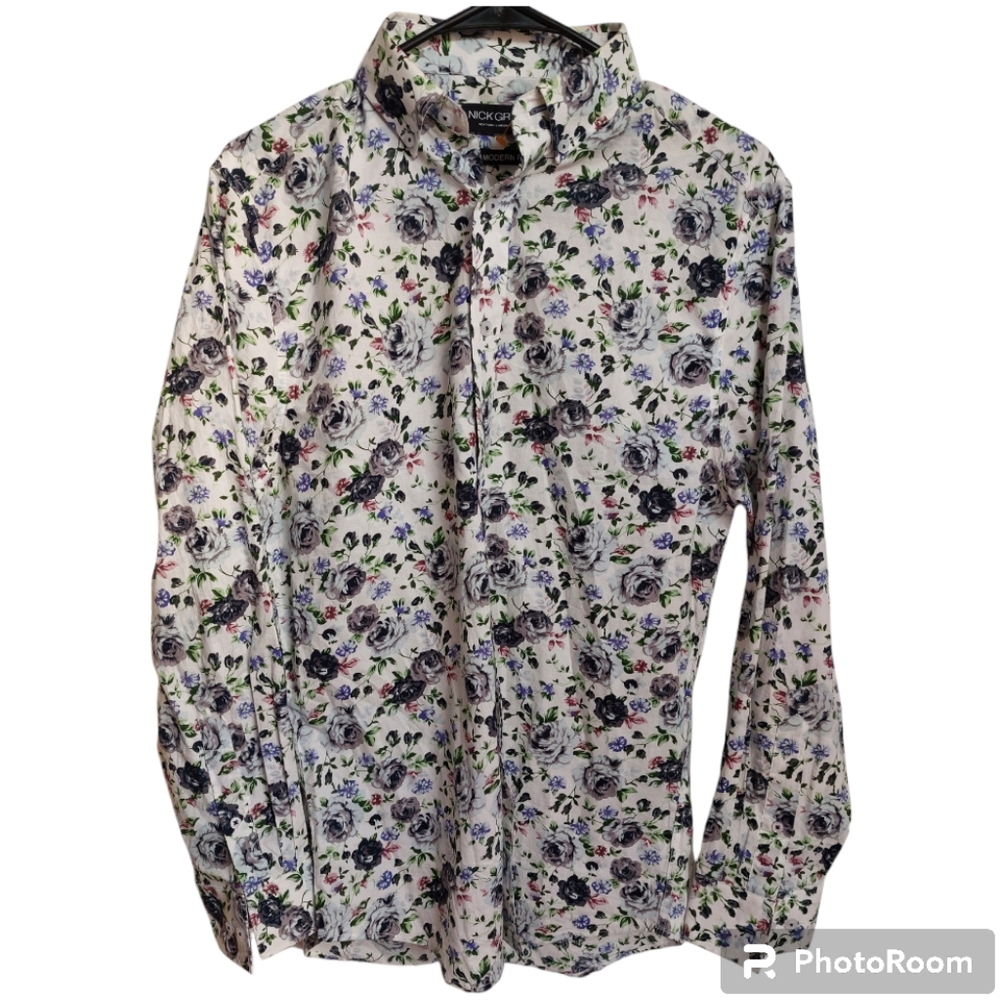 🐞 Nick Graham Floral Cotton Button Down Dress Shirt - Size Small 32/33